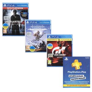 Комплект игр: Gran Turismo Sport + Uncharted 4 + Horizon Zero Dawn + 3x месячная подписка PS Plus UA регион