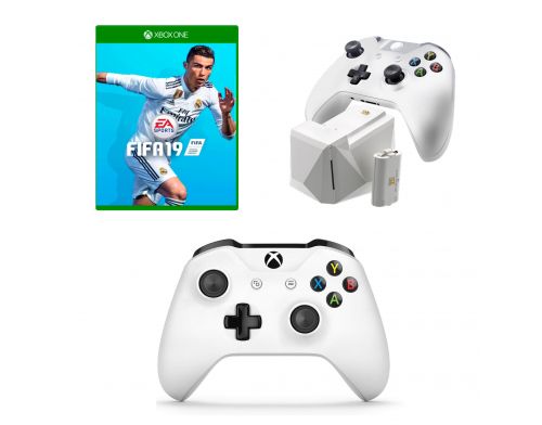 Фото №1 - Microsoft Xbox One S White Wireless Controller + NYKO Charge Block Solo White + FIFA 19 Xbox ONE русская версия