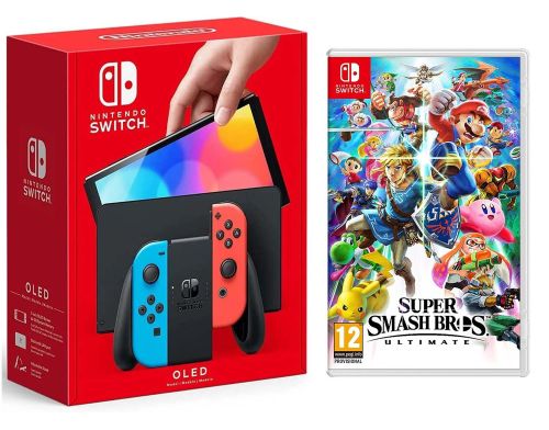Фото №1 - Консоль Nintendo Switch (OLED model) Neon Red/Neon Blue set + Super Smash Bros. Ultimate