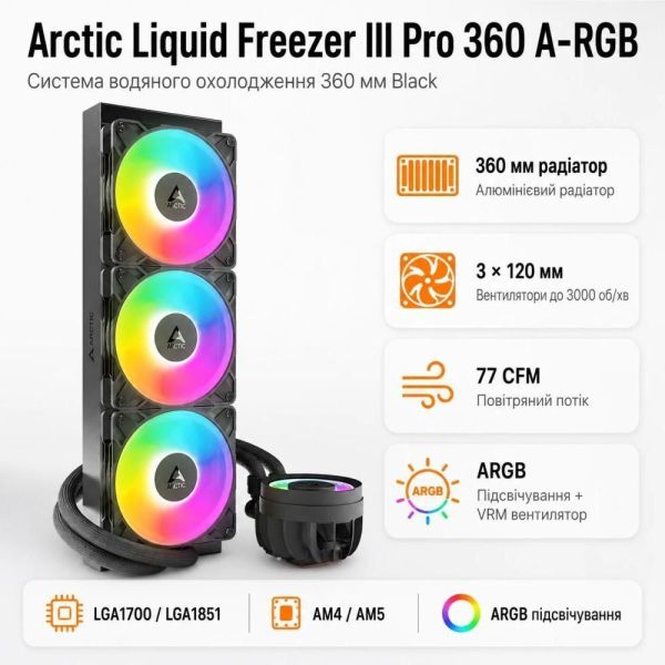 Водяное охлаждение Arctic Liquid Freezer III Pro 360 A-RGB Black (ACFRE00184A) фото №2